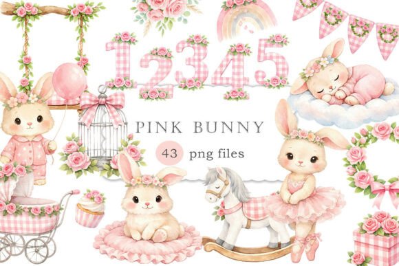 Download Watercolor Pink Bunny Clip Art Set PNG - Clip art Collection