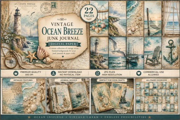 Download Vintage Ocean Breeze Junk Journal Kit - Junk journal Collection